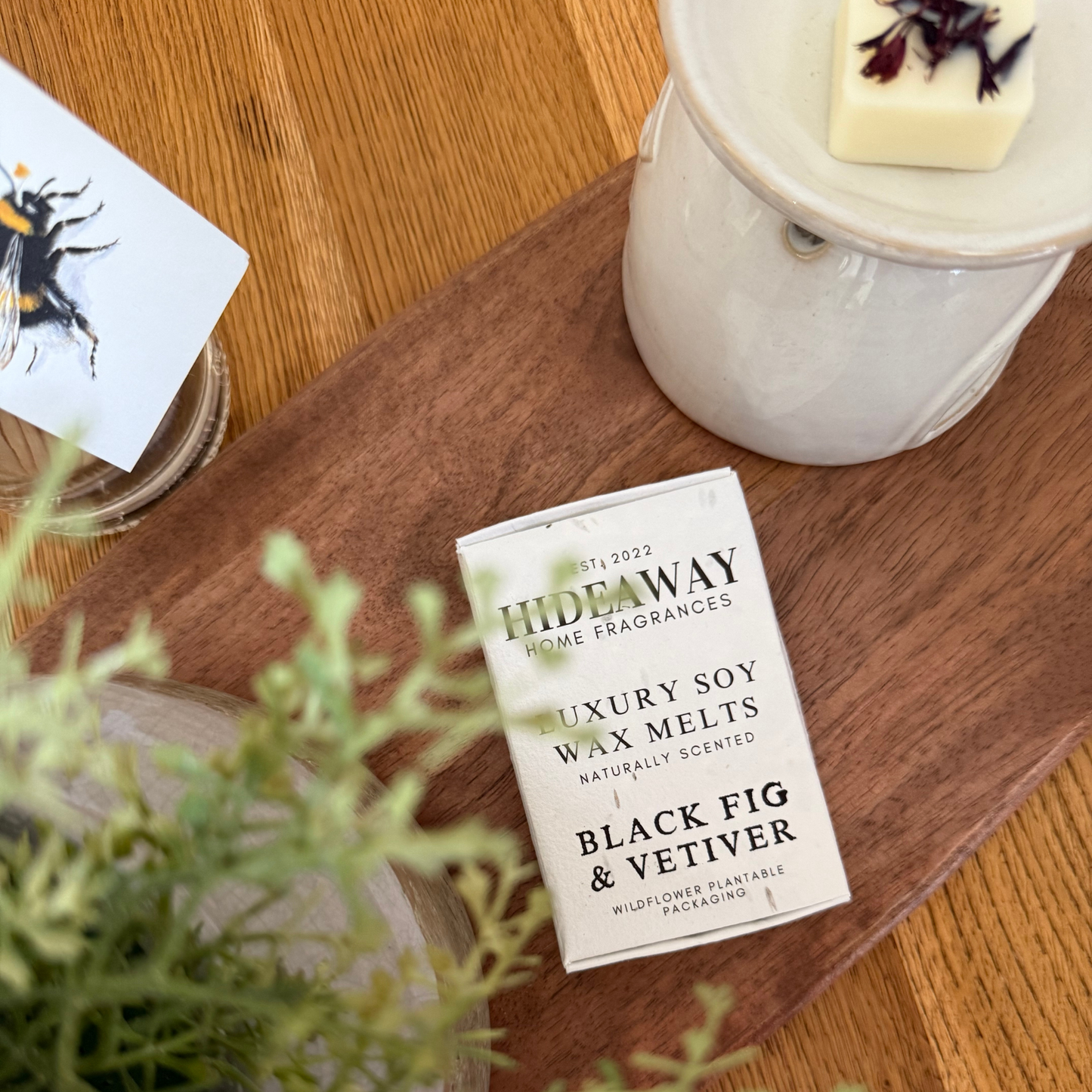 Six beautifully scented Black Fig & Vetiver soy wax melts featuring luxurious layers of fig, citrus, vetiver, and moss – Hideaway Home Fragrances