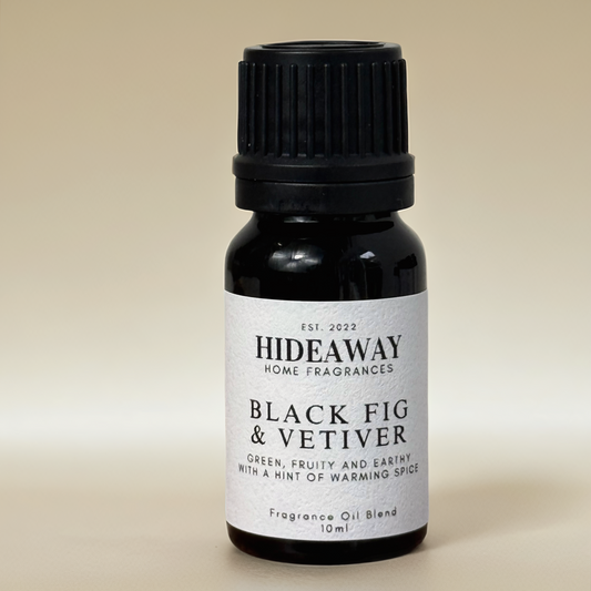 Black Fig & Vetiver Fragrance Oil with juicy fig, citrus peel, vetiver, and oak moss – rich, sophisticated, and grounding scent – Hideaway Home Fragrances