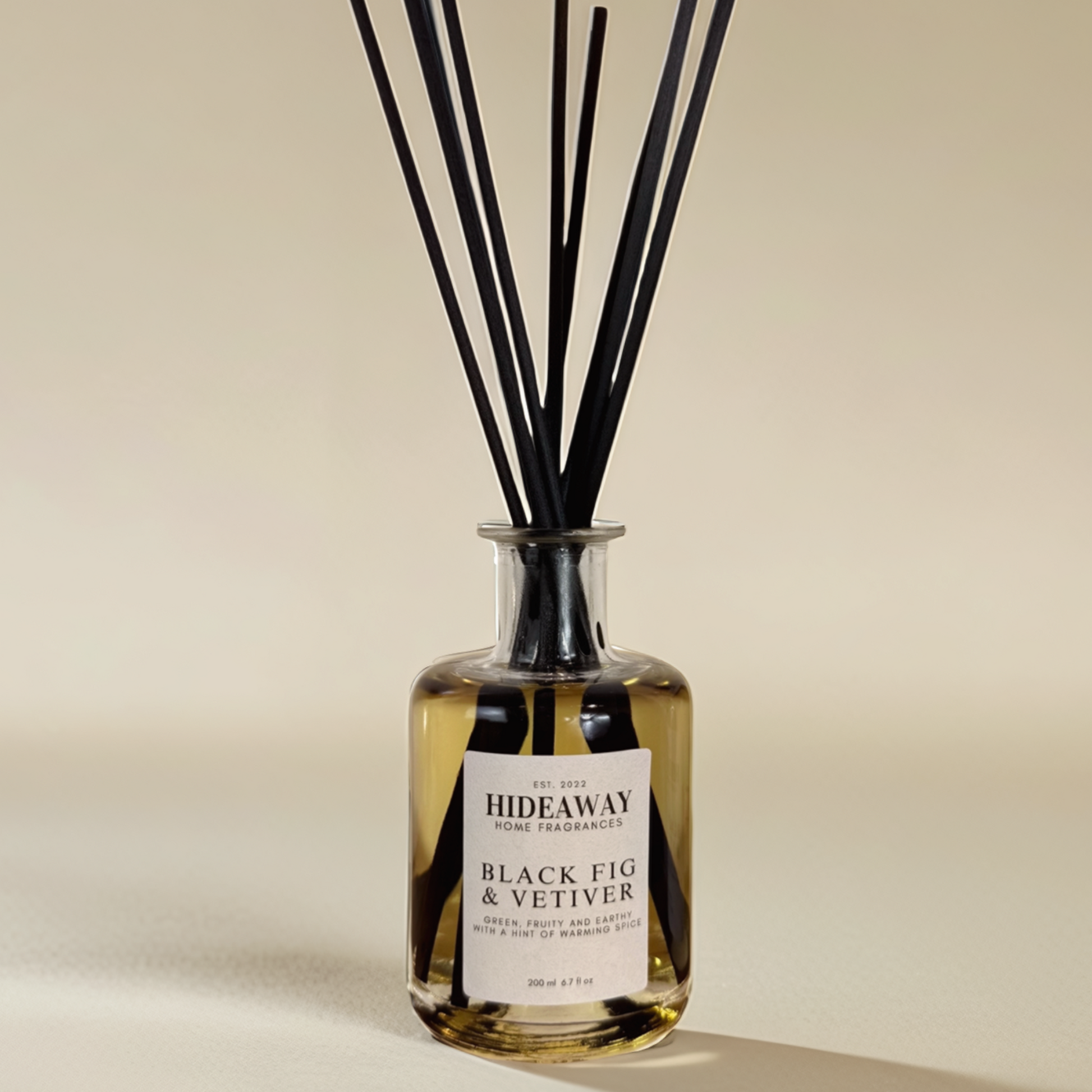 Black Fig & Vetiver Reed Diffuser with earthy green notes and luxurious 200ml scent throw - Hideaway Home Fragrances