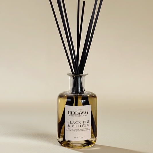Black Fig & Vetiver Reed Diffuser with earthy green notes and luxurious 200ml scent throw - Hideaway Home Fragrances