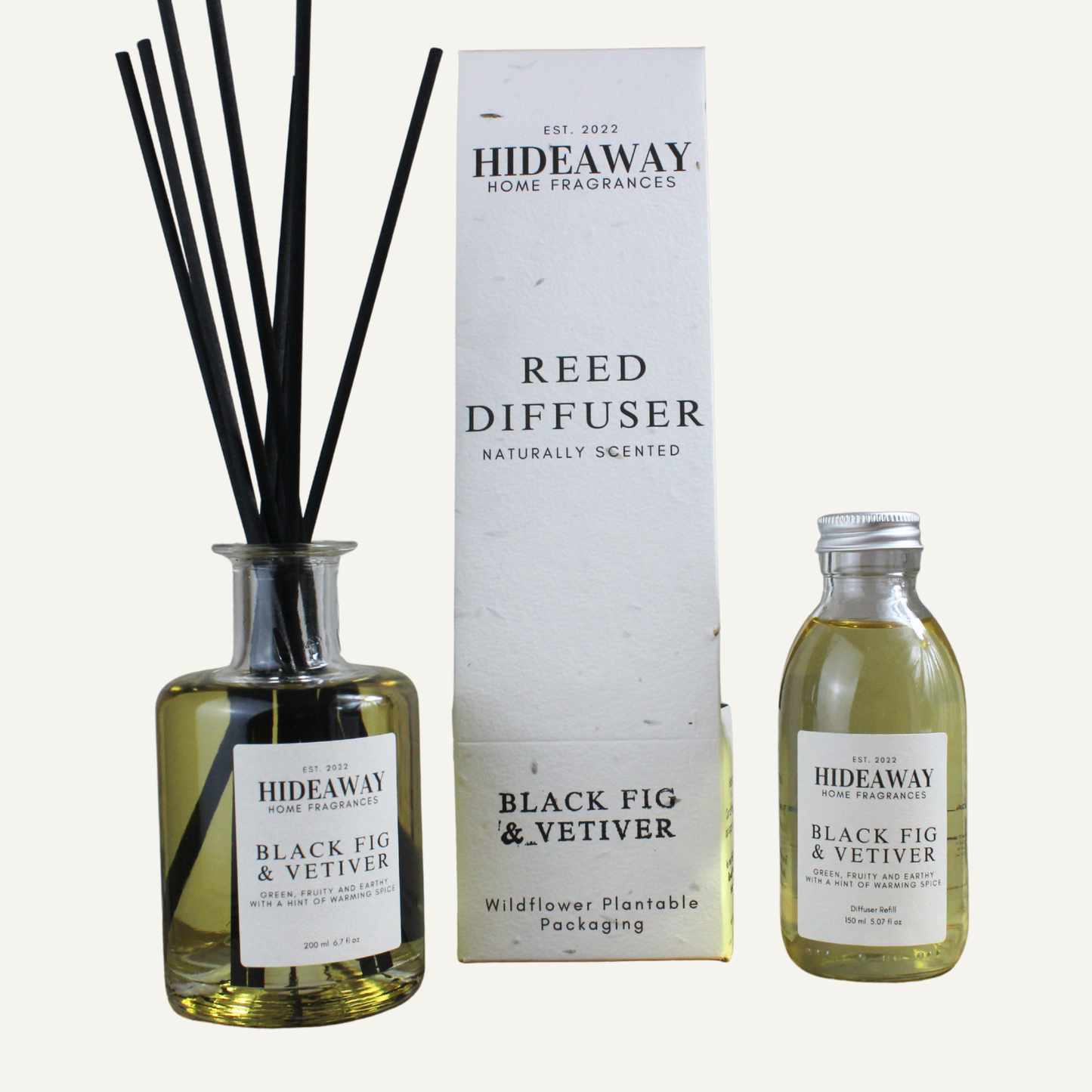 Refined Black Fig and Vetiver Diffuser – Rich Sophisticated Grounding Blend of Fig, Citrus, and Moss | Hideaway Home Fragrances