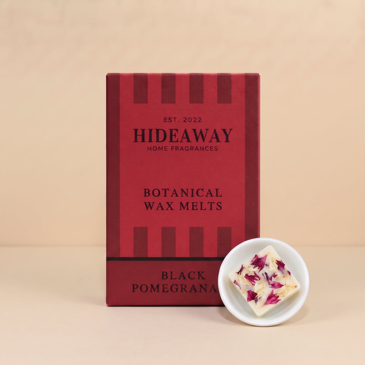 Hideaway Home Fragrances black pomegranate botanical wax melts infused with casablanca lily and smoky guaiac wood notes
