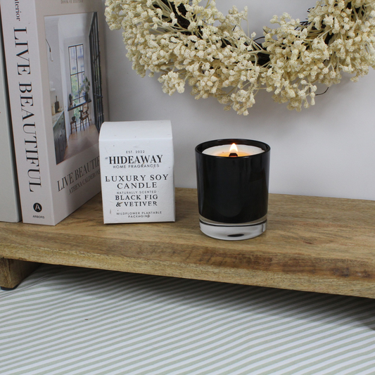 Luxury Black Fig & Vetiver Candle with rich fig, citrus peel, and earthy vetiver aroma – Hideaway Home Fragrances