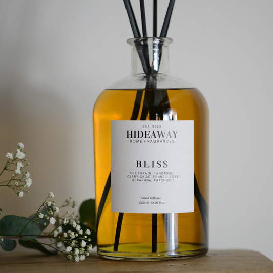 1 Litre Bliss Reed Diffuser to soothe and uplift your mind - Hideaway Home Fragrances