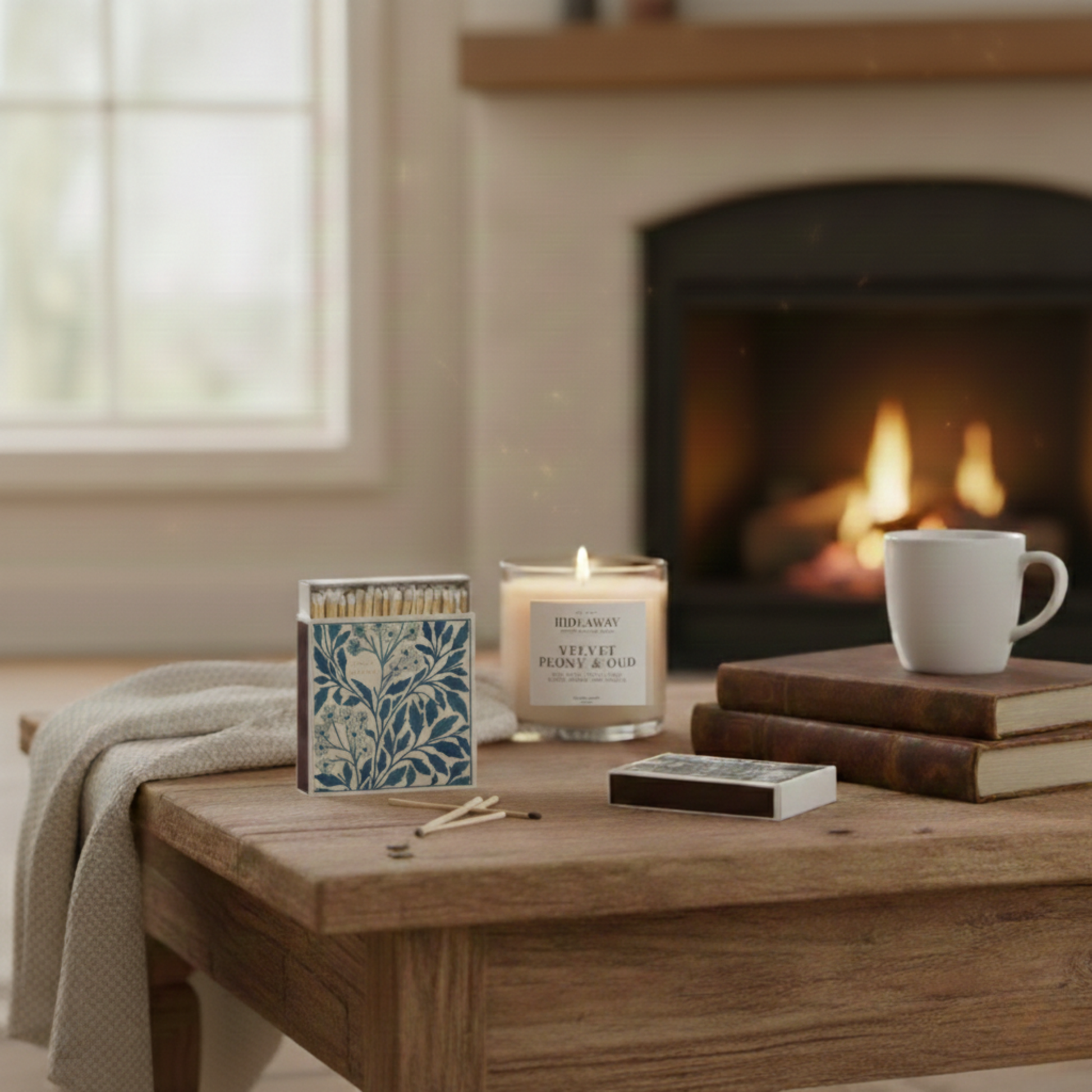 Blue Botanical luxury matchbox with indigo floral design and gold foil