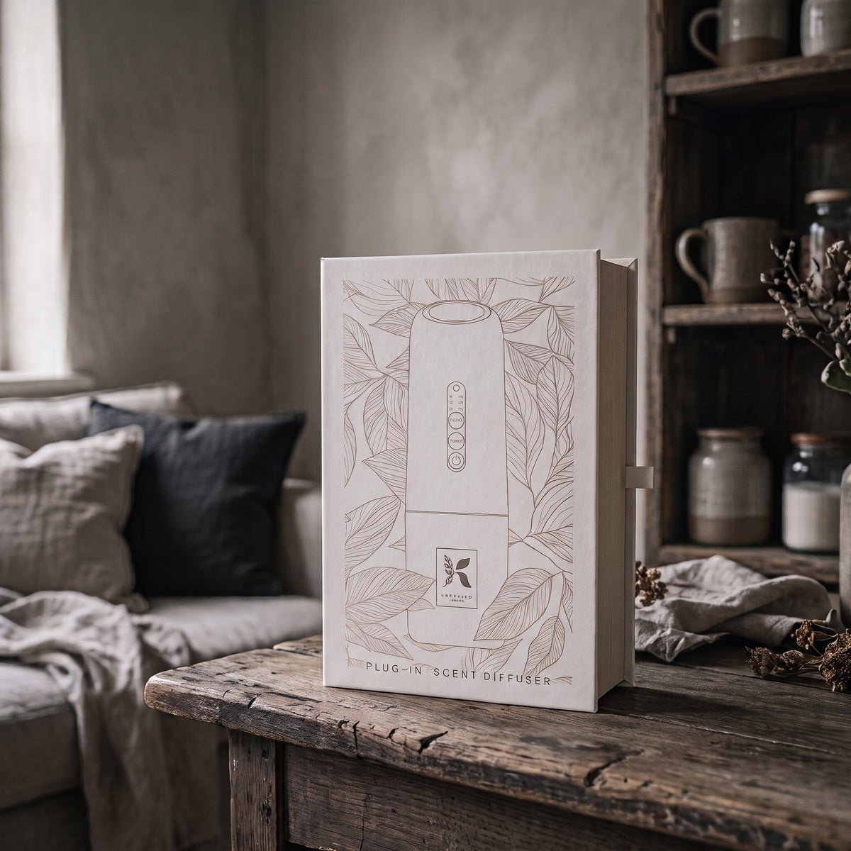 Hideaway Home Fragrances Kapplico Waterless Plug-In Diffuser plugged into a wall socket, with an essential oil bottle attached to demonstrate cold-air nebulisation.