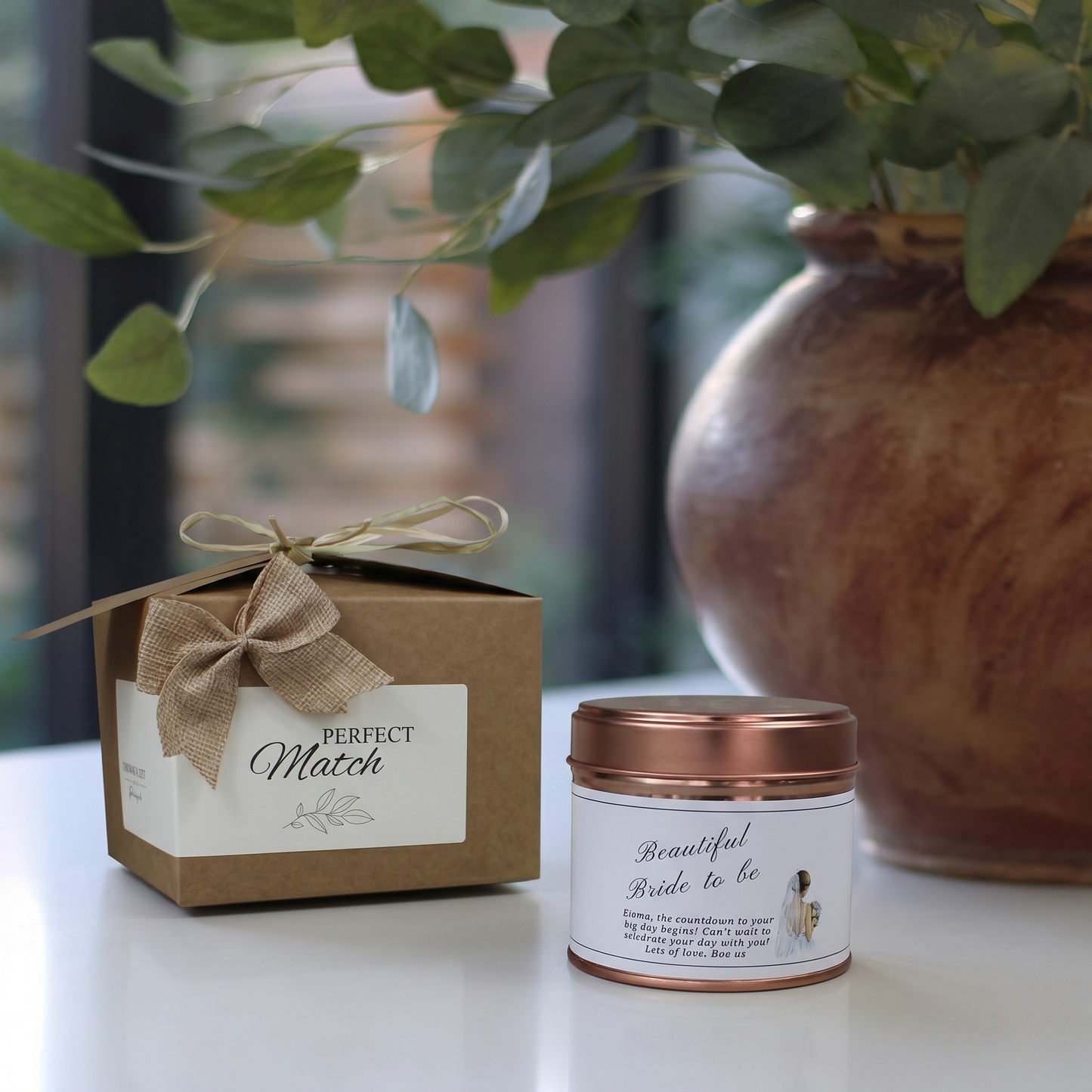 Custom bridal shower gift set featuring a personalised future Mrs candle and matching home fragrance diffuser by Hideaway Home Fragrances.