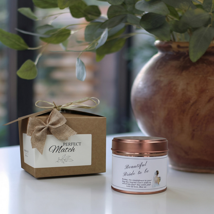 Custom bridal shower gift set featuring a personalised future Mrs candle and matching home fragrance diffuser by Hideaway Home Fragrances.