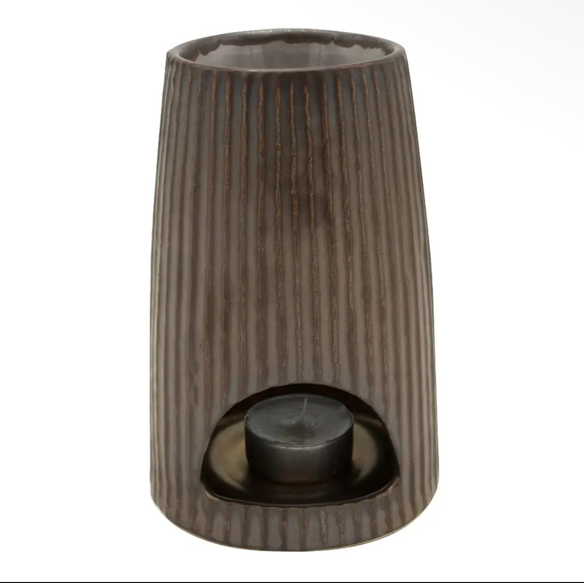 Detailed close-up of the textured, glossy bronze glaze and horizontal ribbed patterns on the ceramic wax melt burner by Hideaway Home Fragrances.