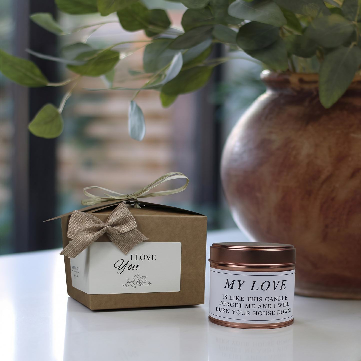 Ready-to-gift humorous anniversary keepsake box for a partner with a custom handmade soy candle and home diffuser – Hideaway Home Fragrances