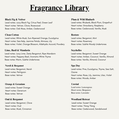 Luxury candle and home fragrance scent list – choose your favourite signature fragrance - Hideaway Home Fragrances