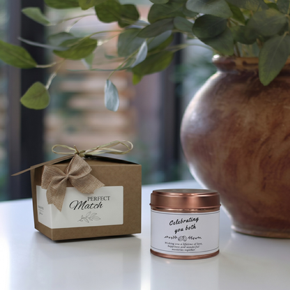 Custom engagement congratulations candle gift with personalized couple names and romantic design - Hideaway Home Fragrances