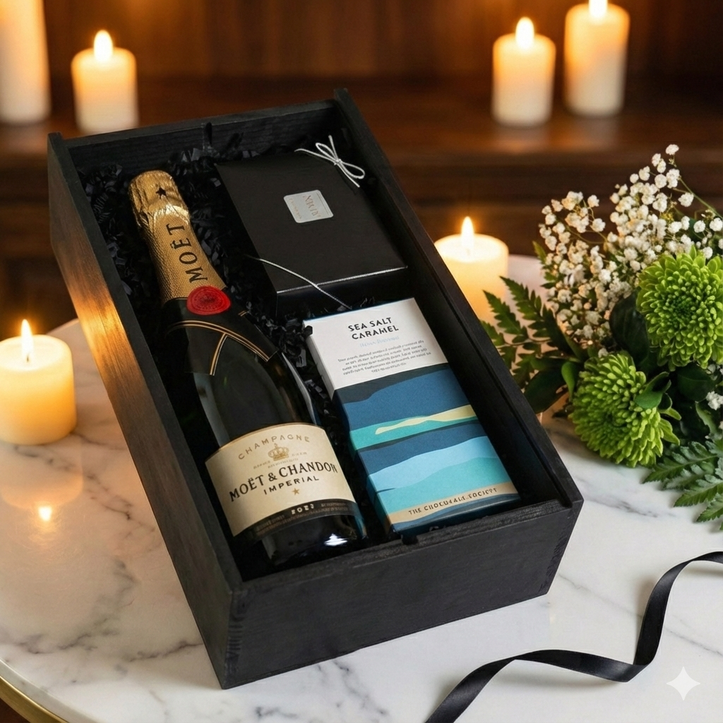 Close up of Moët & Chandon label next to luxury artisan chocolate bar and truffle box.