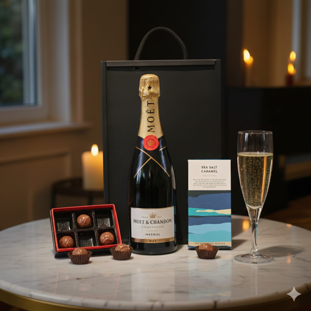 Rouge & Truffle Gift Box featuring Moët & Chandon Champagne, No12 Chocolates, and Chocolate Society bar inside a black wooden case.