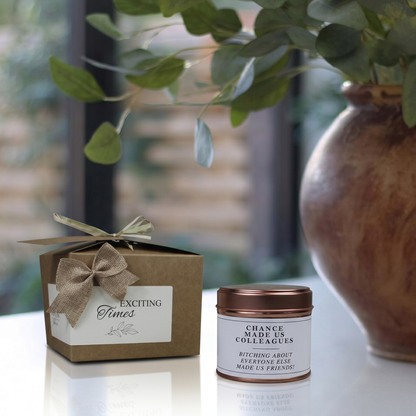 Custom luxury coworker leaving gift box featuring a heartwarming work bestie farewell candle and matching home fragrance diffuser by Hideaway Home Fragrances.