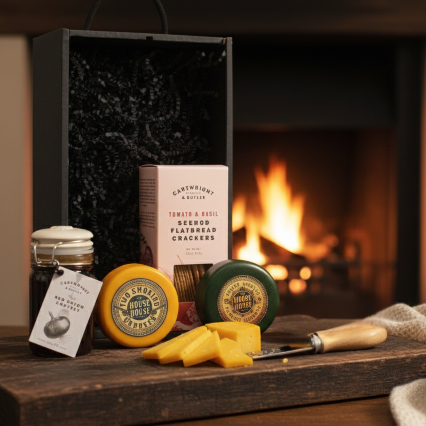 The Farmhouse Vault Gift Box featuring Mouse House Cheese truckle, Cartwright & Butler Chutney, and Flatbreads in a black wooden case.