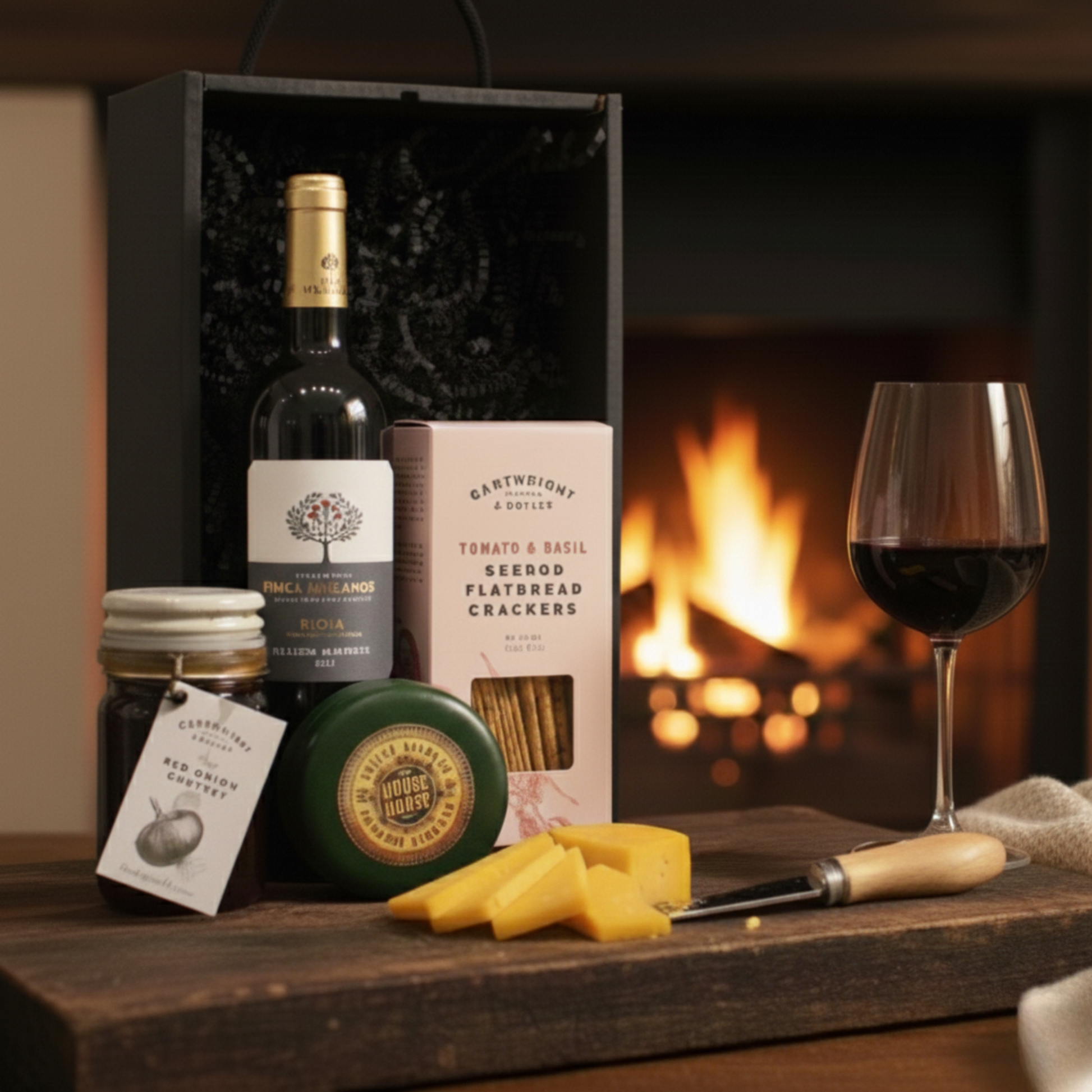 Slate & Wine Gift Box featuring Finca Manzanos Rioja, Mouse House Cheese, and Cartwright & Butler savoury snacks in a black wooden case.