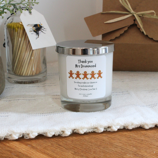 Personalised Christmas candle gift for teacher with gingerbread design – Hideaway Home Fragrances