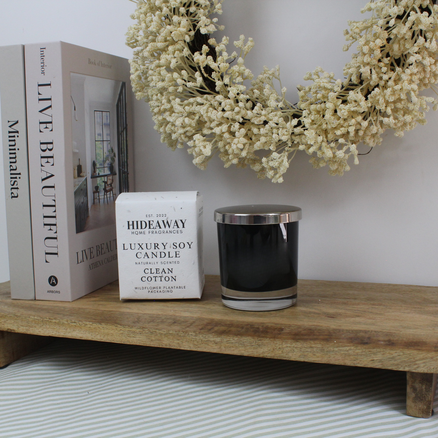 Fresh and breezy Clean Cotton Candle blending citrus, floral notes, and powdery musk for calm elegance – Hideaway Home Fragrances