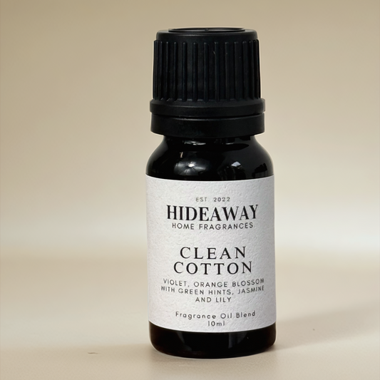 Clean Cotton Fragrance Oil with white musk, orange, eucalyptus, and delicate florals – clean, breezy, and uplifting scent – Hideaway Home Fragrances