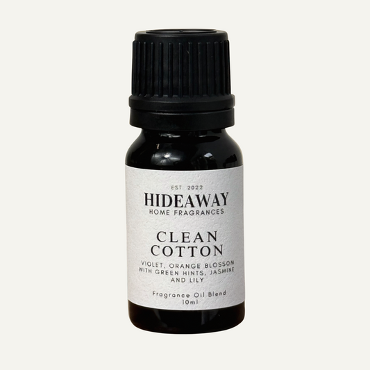 Clean Cotton Fragrance Oil with white musk, orange, eucalyptus, and delicate florals – clean, breezy, and uplifting scent – Hideaway Home Fragrances