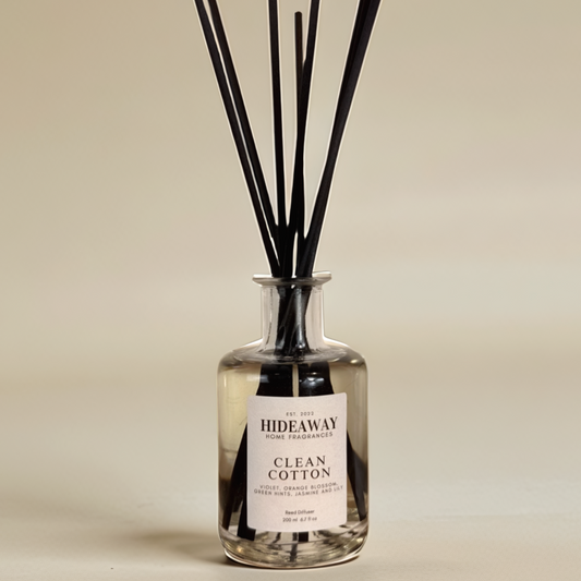 Clean Cotton Reed Diffuser with fresh citrus, soft florals, and powdery musk – Hideaway Home Fragrances