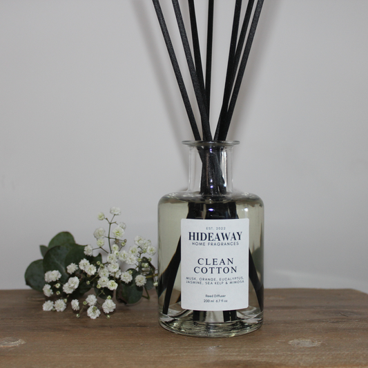 Fresh and airy Clean Cotton fragrance diffuser with eco-friendly reeds - Hideaway Home Fragrances