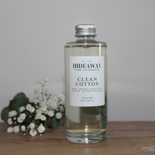 Fresh and airy Clean Cotton fragrance diffuser with eco-friendly reeds - Hideaway Home Fragrances
