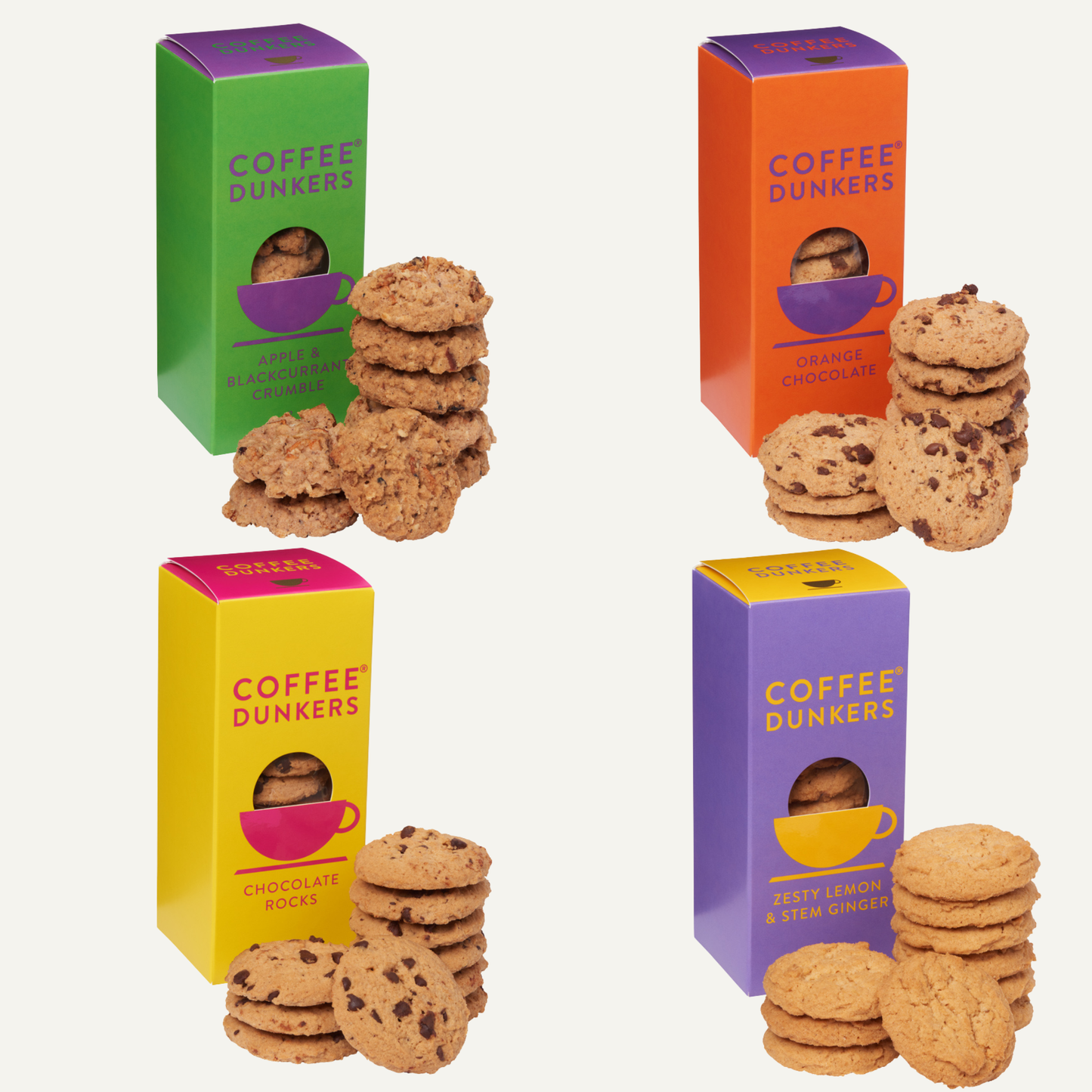 Brightly packaged Coffee Dunkers, premium treats designed for indulgent coffee moments and gifting