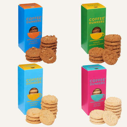Coffee Dunkers in vibrant, colourful packaging, a luxury gift for coffee lovers and enthusiasts
