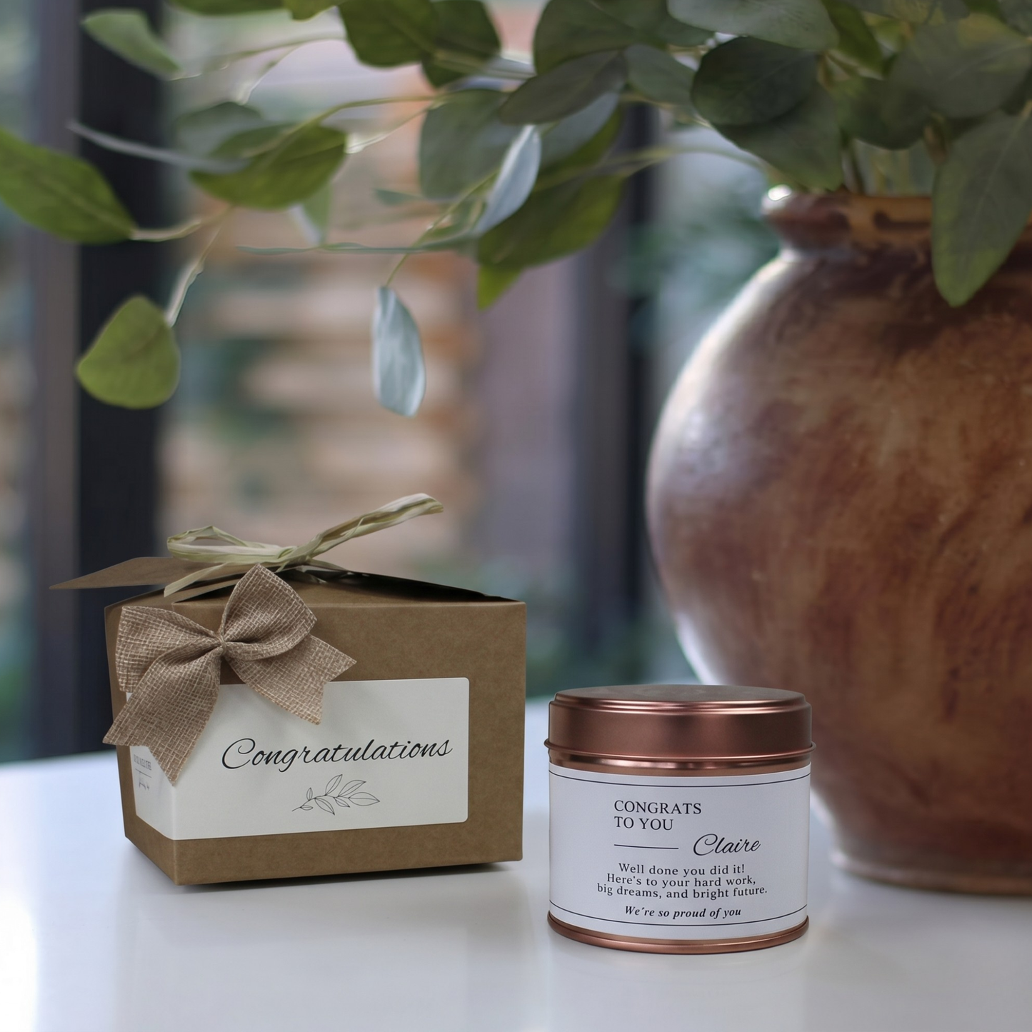 Custom congrats to you celebration candle gift with personalized name and special milestone message - Hideaway Home Fragrances