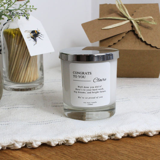 Personalised congratulations candle with ‘Congrats to You’ message – Hideaway Home Fragrances