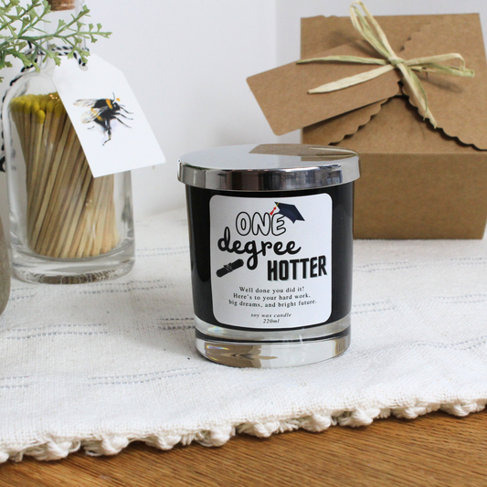 Personalised congratulations candle with ‘One Degree Hotter’ design – Hideaway Home Fragrances