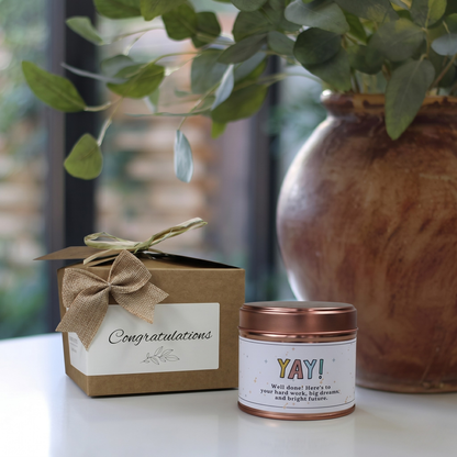 Custom celebration candle gift with personalized name and witty yay congratulations message - Hideaway Home Fragrances
