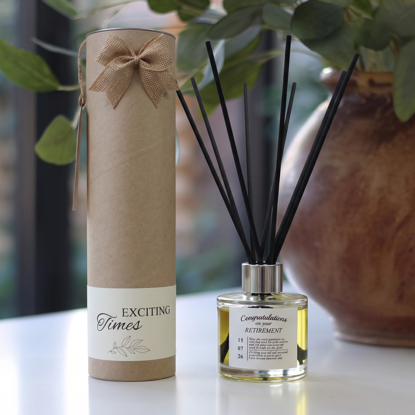 Personalised "Congratulations On Your Retirement" candle and luxury reed diffuser keepsake gift set, beautifully packaged and ready to gift by Hideaway Home Fragrances.