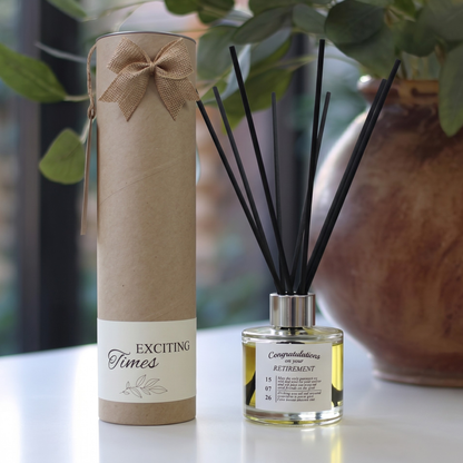 Personalised "Congratulations On Your Retirement" candle and luxury reed diffuser keepsake gift set, beautifully packaged and ready to gift by Hideaway Home Fragrances.