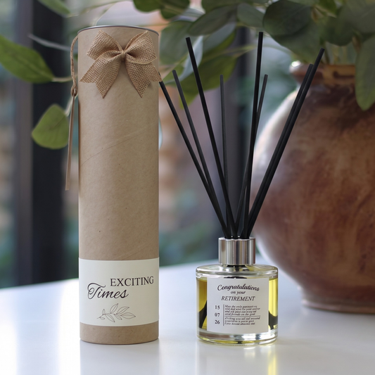 Personalised "Congratulations On Your Retirement" candle and luxury reed diffuser keepsake gift set, beautifully packaged and ready to gift by Hideaway Home Fragrances.