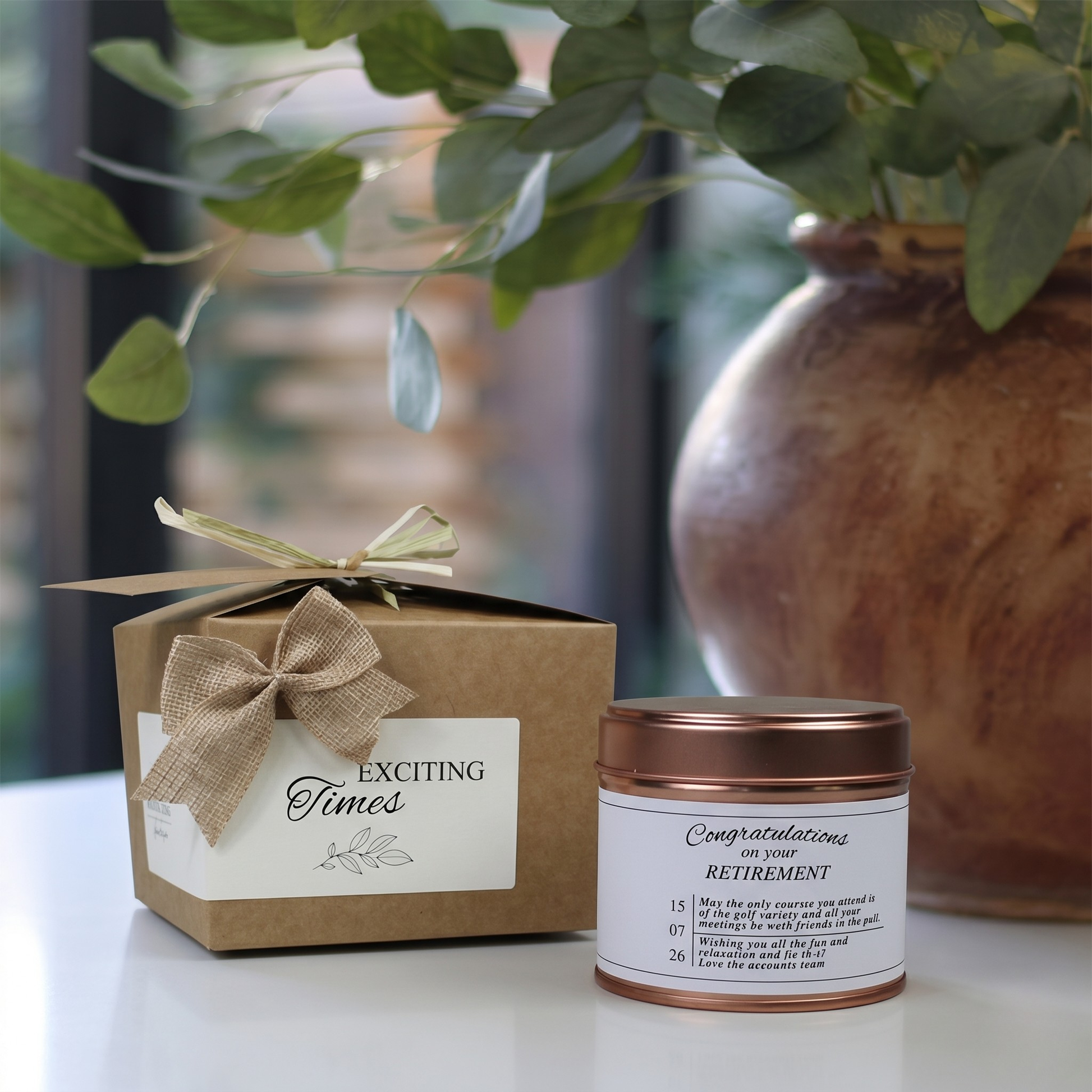 Custom luxury retirement congratulations gift box featuring a elegant coworker farewell candle and matching home fragrance diffuser by Hideaway Home Fragrances.
