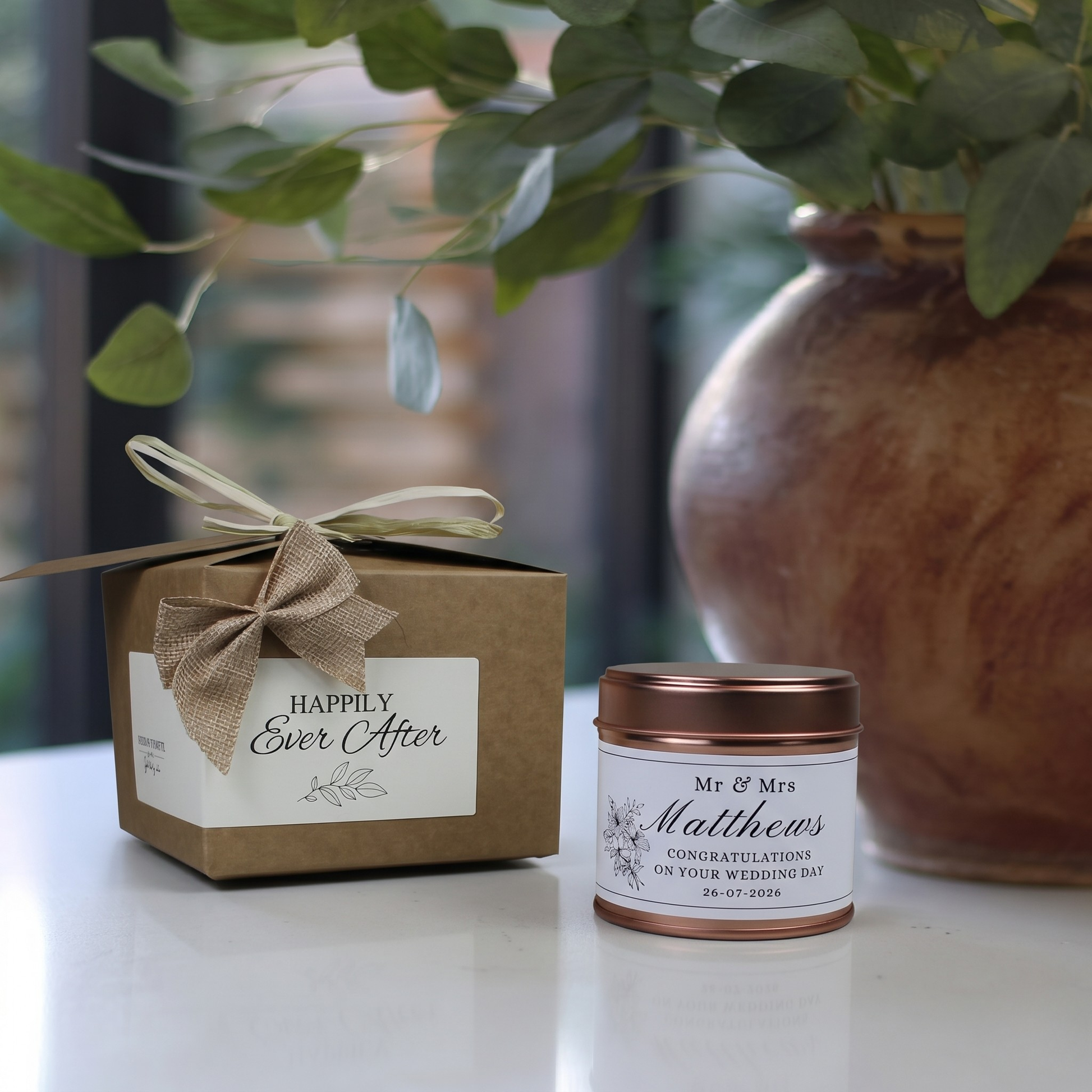 Ready-to-gift wedding congratulations keepsake box containing a custom handmade soy candle and premium home diffuser – Hideaway Home Fragrances