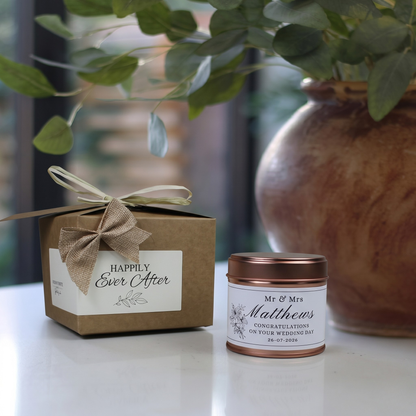 Ready-to-gift wedding congratulations keepsake box containing a custom handmade soy candle and premium home diffuser – Hideaway Home Fragrances