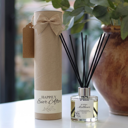 Luxury "Congratulations Wedding Day" gift set featuring a personalised scented candle and matching reed diffuser – Hideaway Home Fragrances