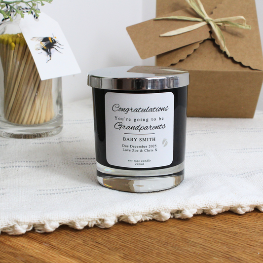 Congratulations You’re Going to Be Grandparents personalised candle gift announcement – Hideaway Home Fragrances