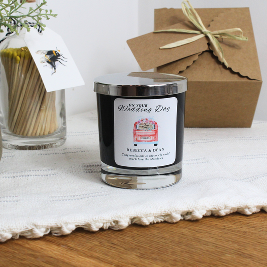Congratulations on Your Wedding Day Personalised Candle with Wedding Car Design – Hideaway Home Fragrances