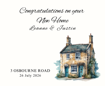 Luxury personalized cozy cottage milestone gift set with a custom-labeled new home candle and reed diffuser, elegantly boxed by Hideaway Home Fragrances.