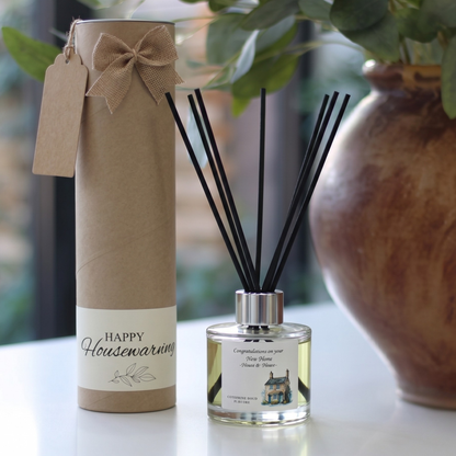 Personalised cottage new home candle and luxury reed diffuser milestone gift set, beautifully packaged and ready to gift by Hideaway Home Fragrances.