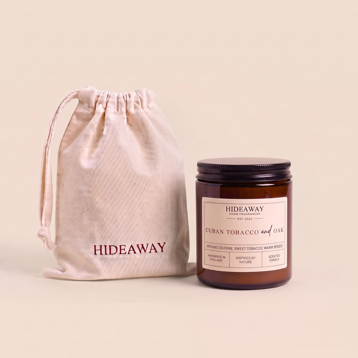 Luxury amber glass jar candle with warm Cuban tobacco and oak scent for cozy room decor from Hideaway Home Fragrances