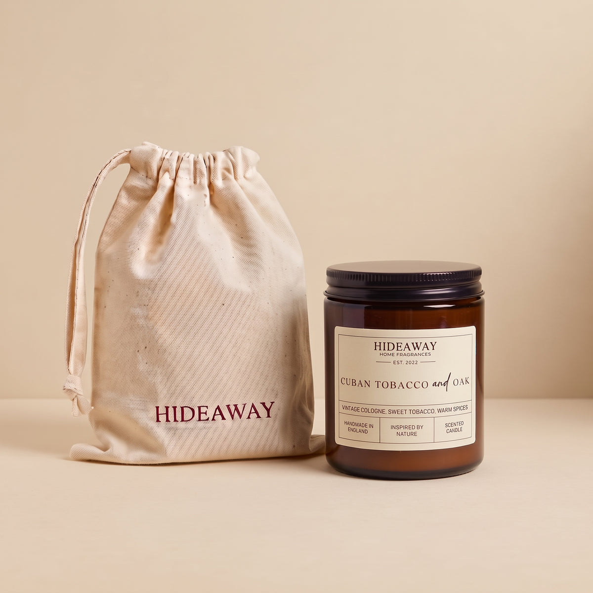 Luxury amber glass jar candle with warm Cuban tobacco and oak scent for cozy room decor from Hideaway Home Fragrances