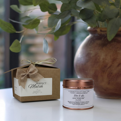 Custom engagement candle and reed diffuser keepsake gift set with personalized labels for the newly engaged couple, beautifully boxed by Hideaway Home Fragrances.