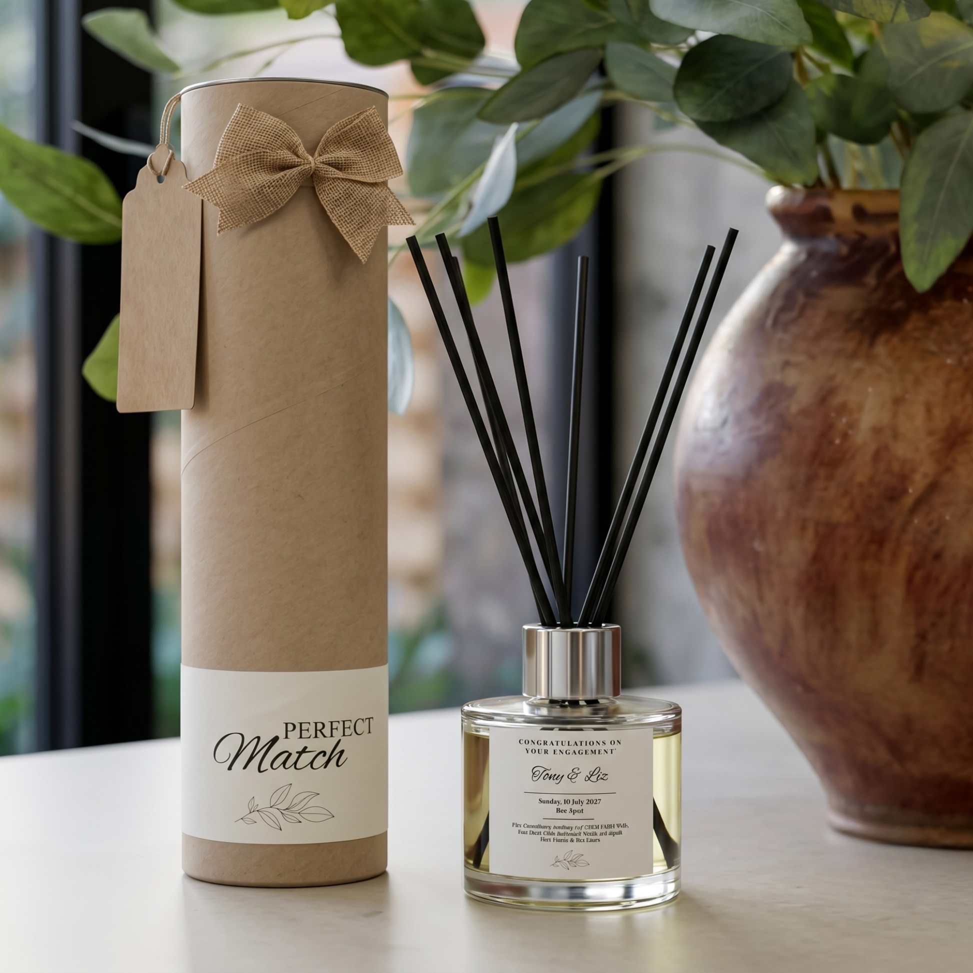 Personalised engagement gift set featuring a custom scented candle and matching reed diffuser in elegant packaging, ready to gift by Hideaway Home Fragrances.