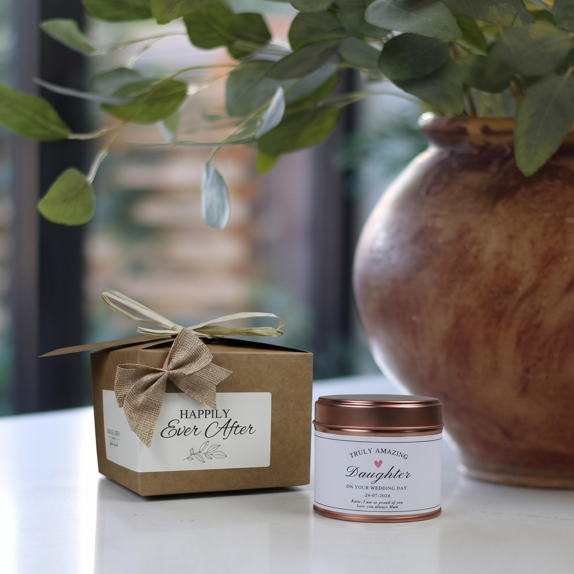 Ready-to-gift daughter from parents wedding keepsake box containing a custom handmade soy candle and home diffuser – Hideaway Home Fragrances
